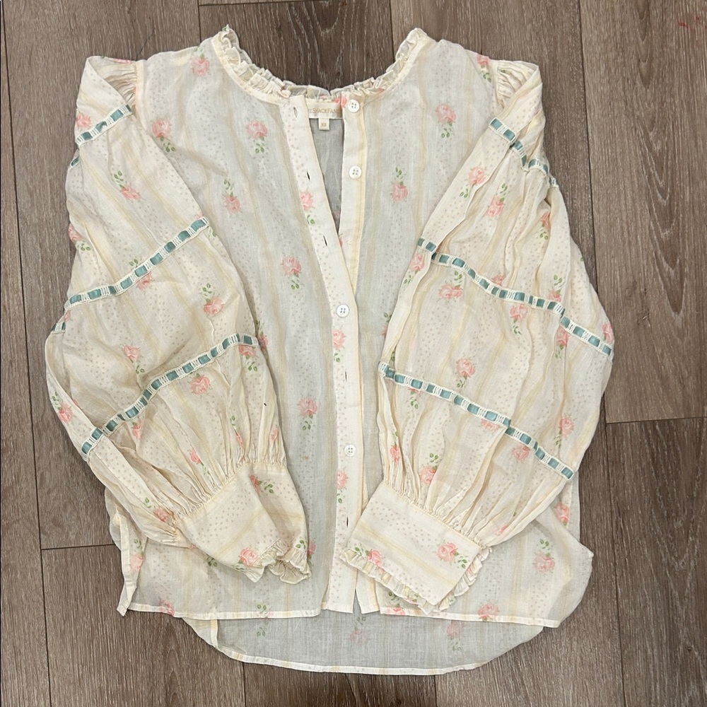 LoveShackFancy Cream and Pink Floral Blouse
